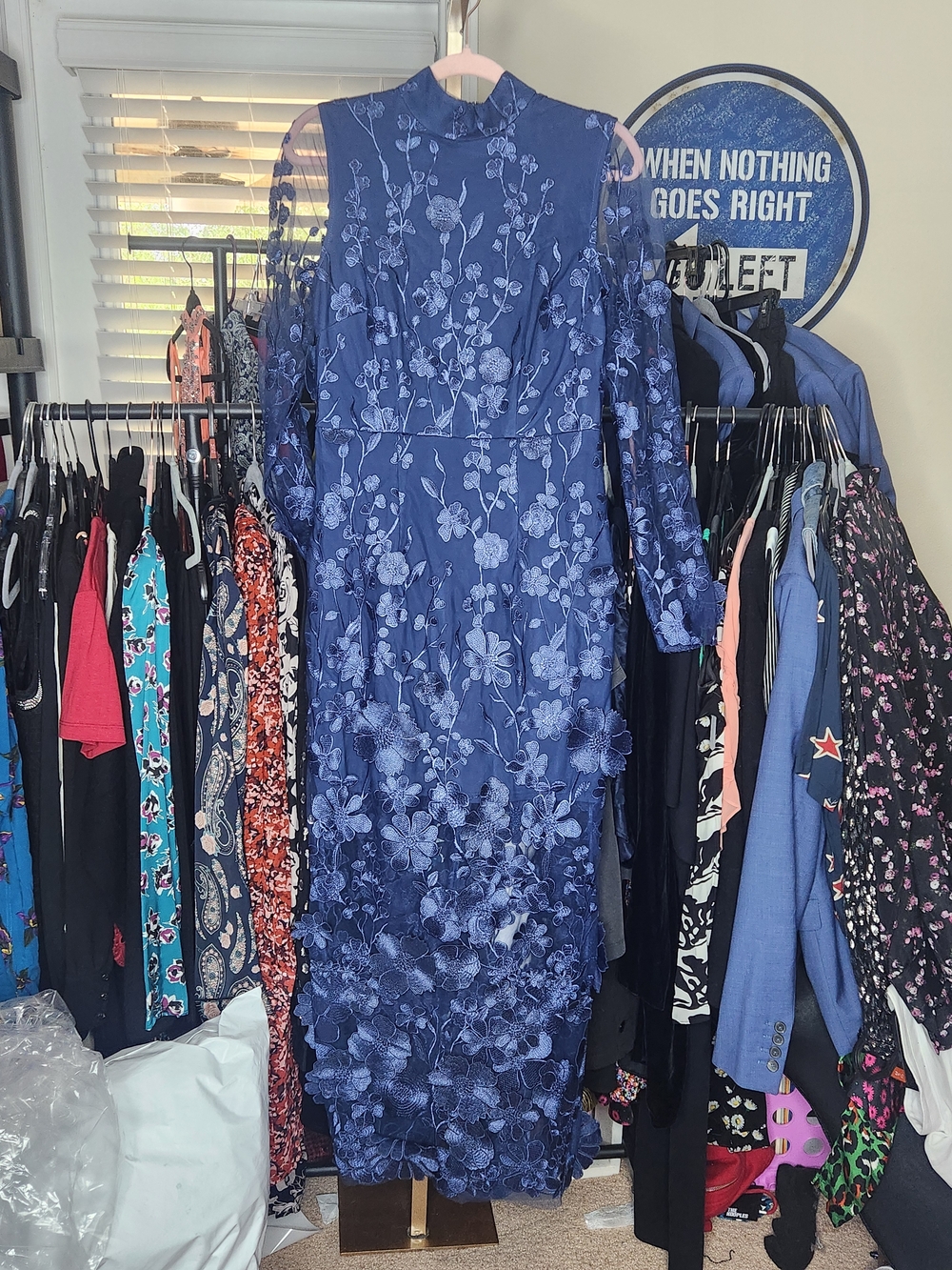 bebe Navy Blue Floral Embroidered Long Sleeve Midi Dress